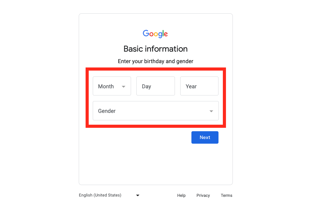 Enter your basic information for Google Account 