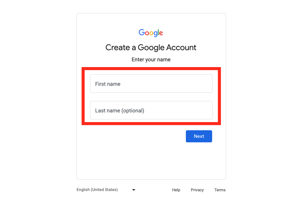 Enter your information for Google Account 